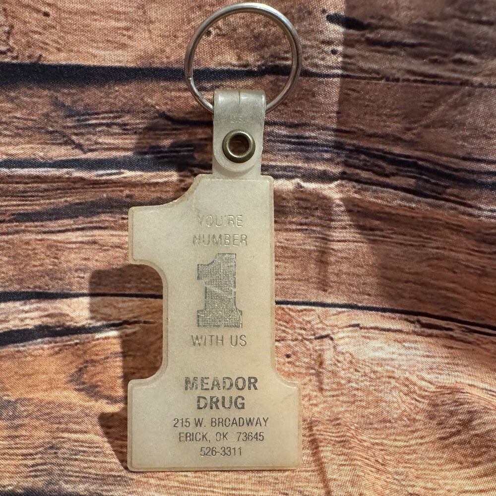 Vintage Meador Drug Keychain Erick Oklahoma Route 66 Pharmacy Advertising Vinyl